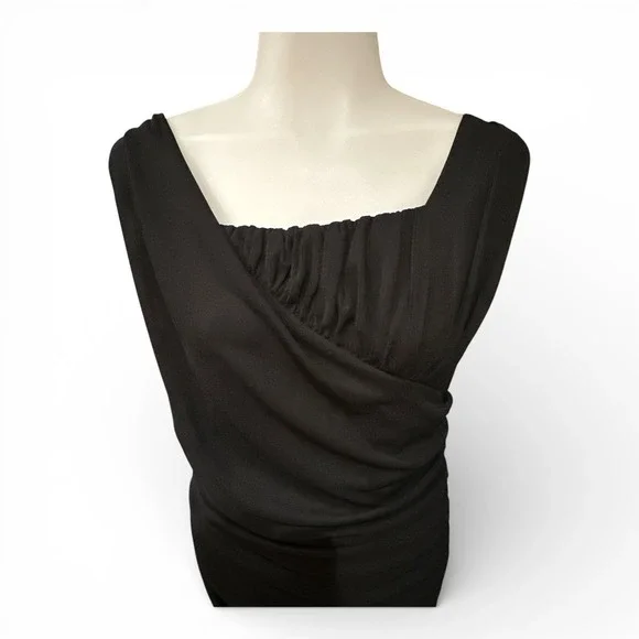 David Meister Black Ruched Cocktail Dress Size 10 Asymmetrical Neckline LBD - Picture 3 of 12